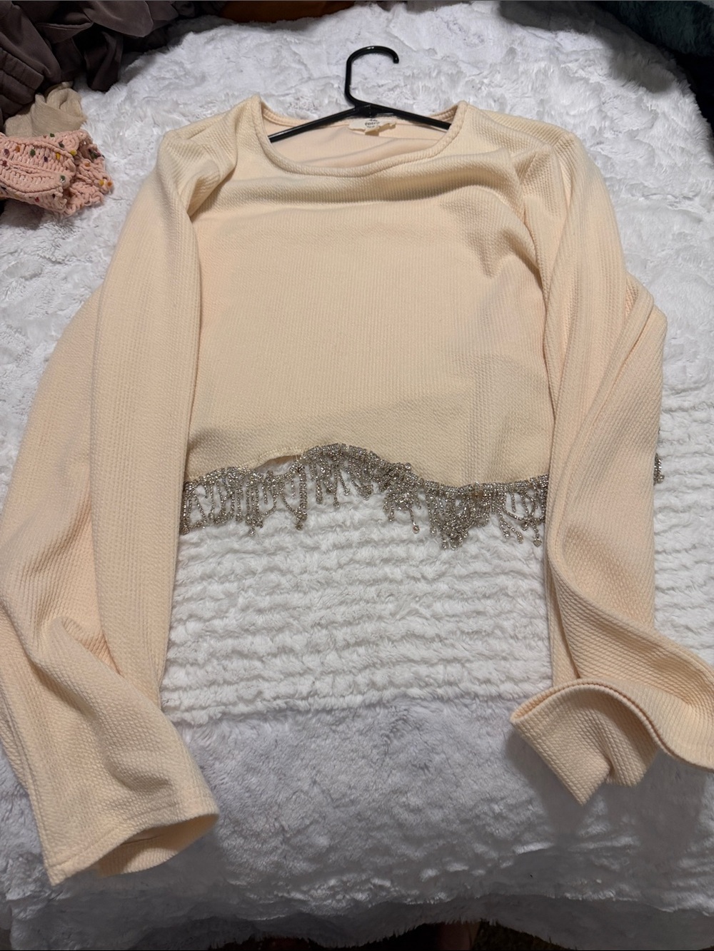entro Cream Long-Sleeve Crop Top with Beaded Trim